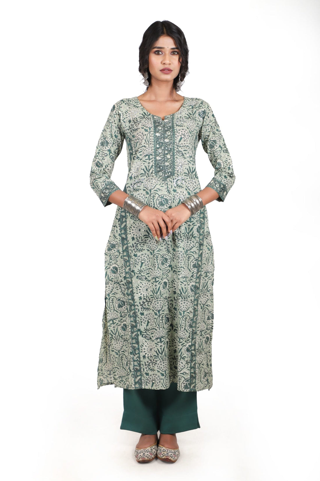 Pine Green with Fern Green Handblock Straight Kurta