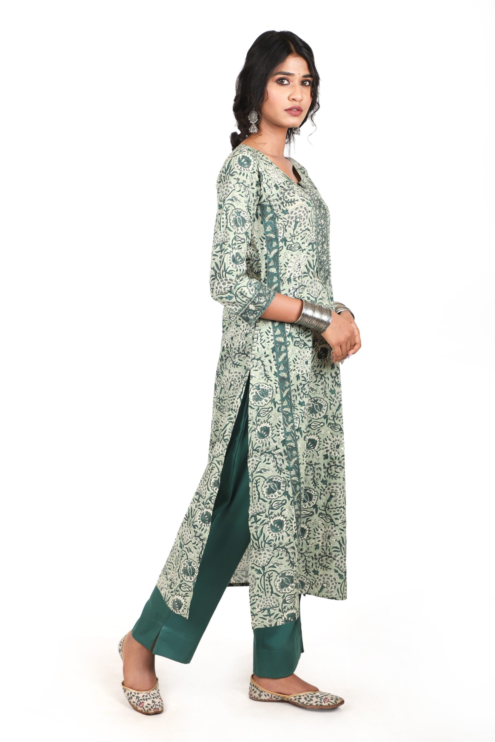 Pine Green with Fern Green Handblock Straight Kurta