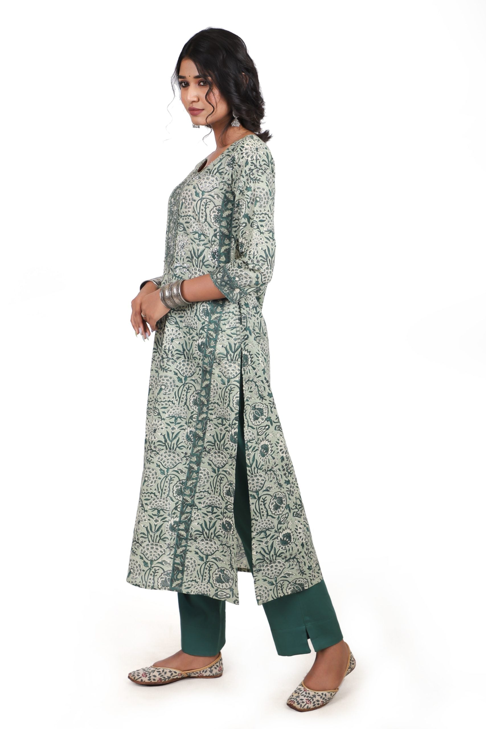 Pine Green with Fern Green Handblock Straight Kurta