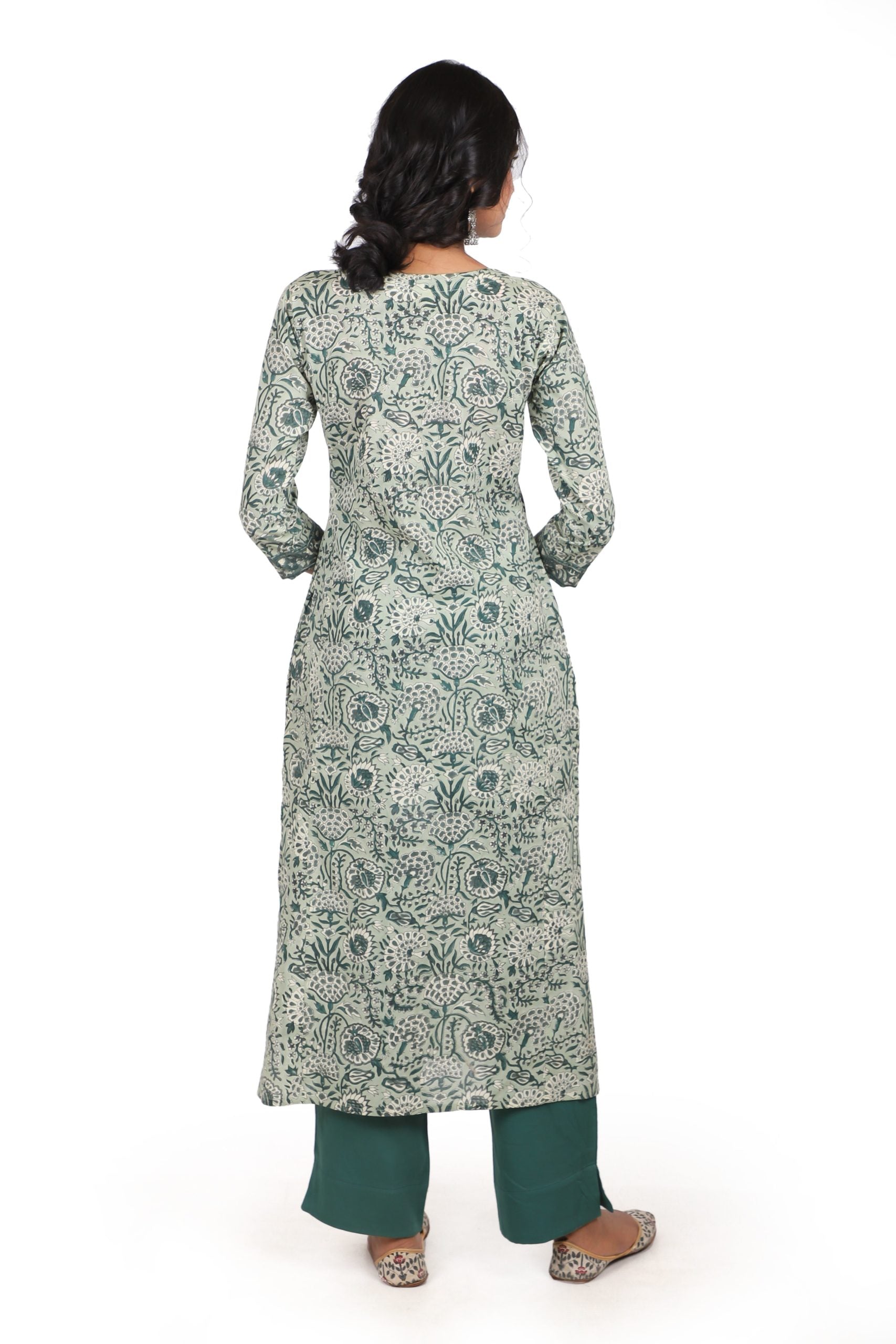 Pine Green with Fern Green Handblock Straight Kurta