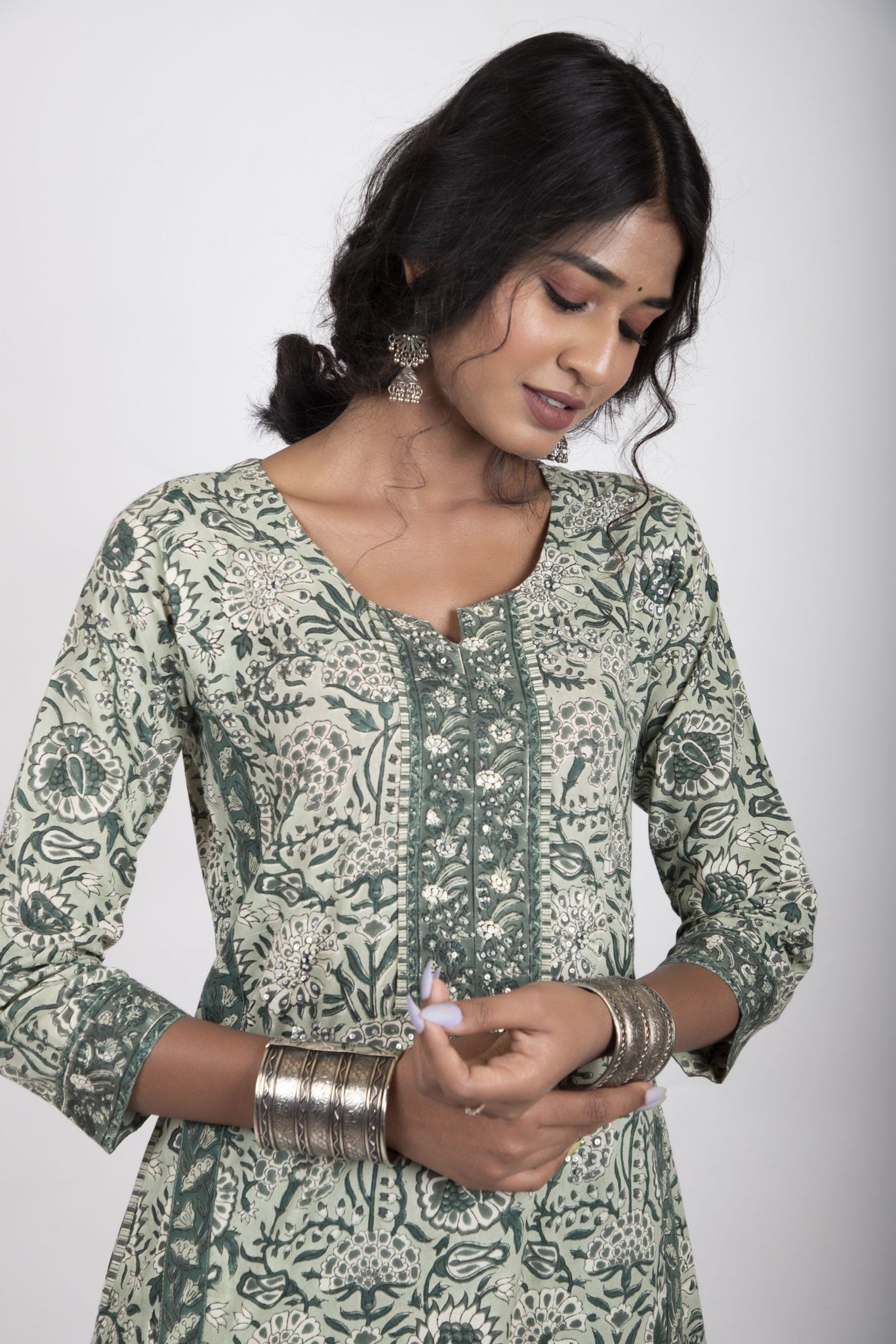 Pine Green with Fern Green Handblock Straight Kurta