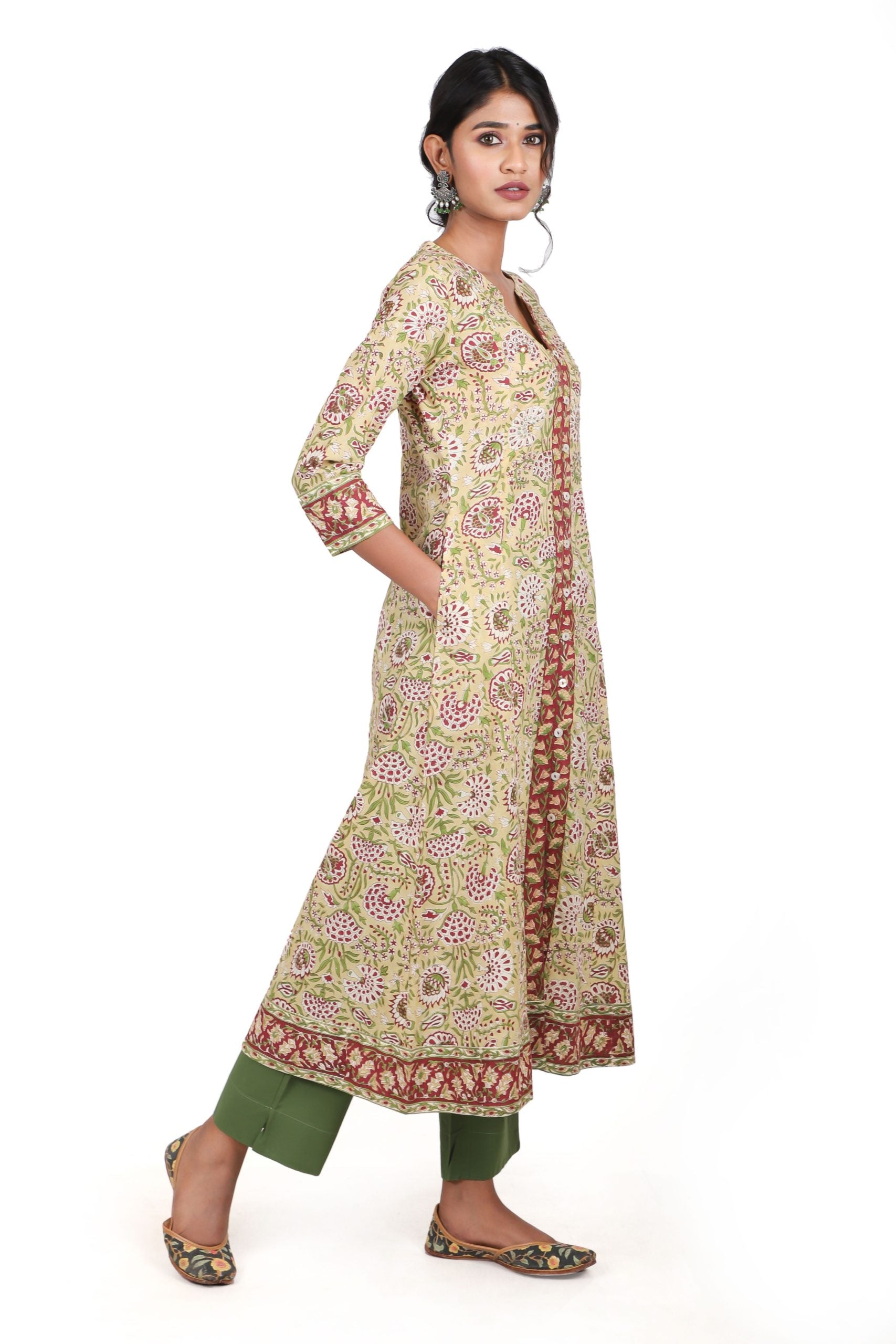 Parmisan beige with a combination of garnet red handblock printed a line kurta