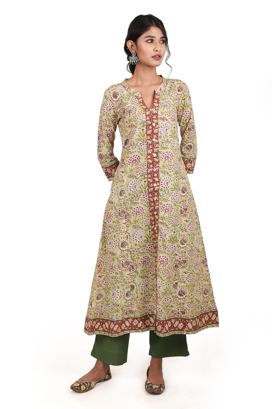 Parmisan beige with a combination of garnet red handblock printed a line kurta