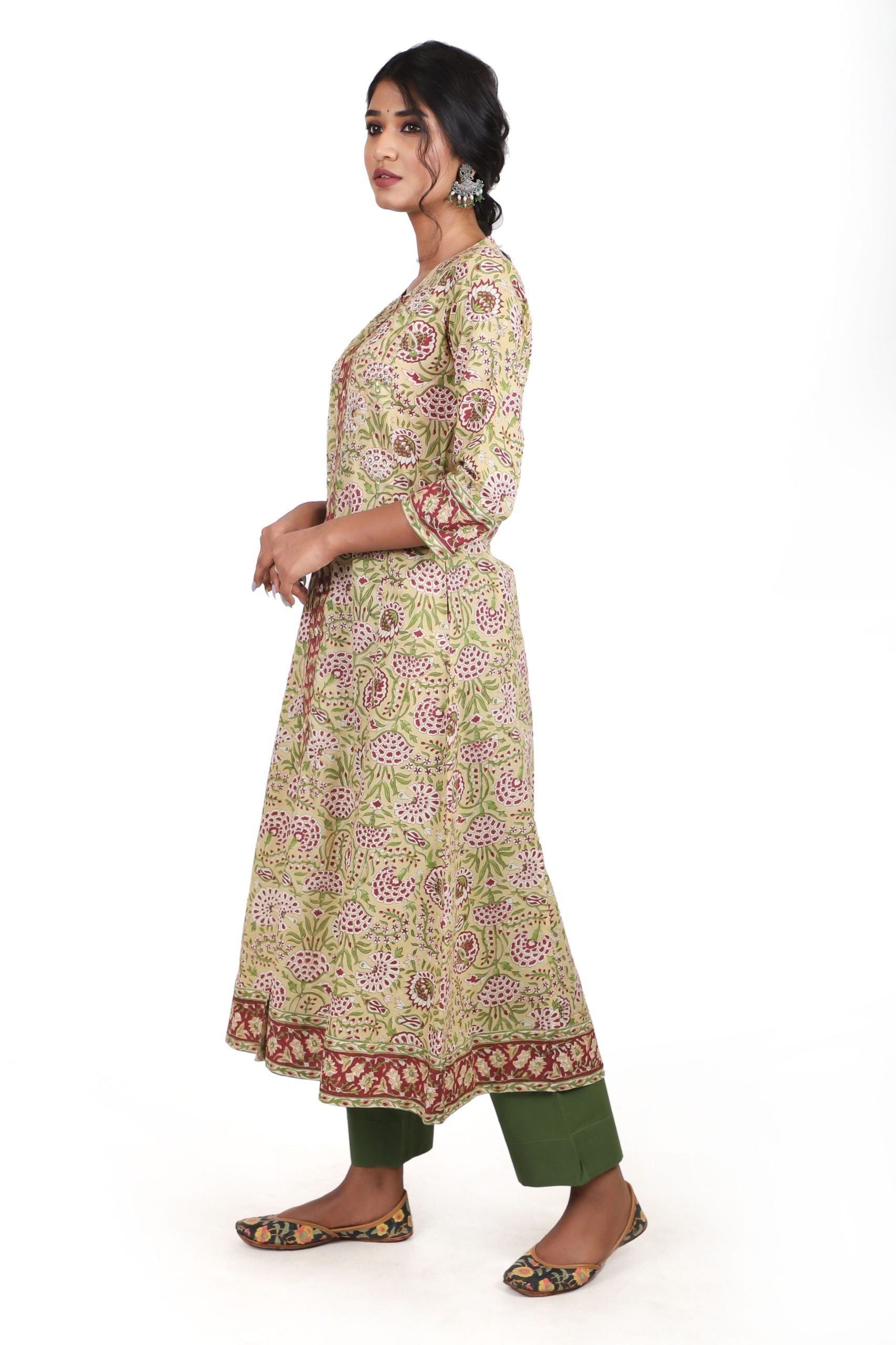 Parmisan beige with a combination of garnet red handblock printed a line kurta