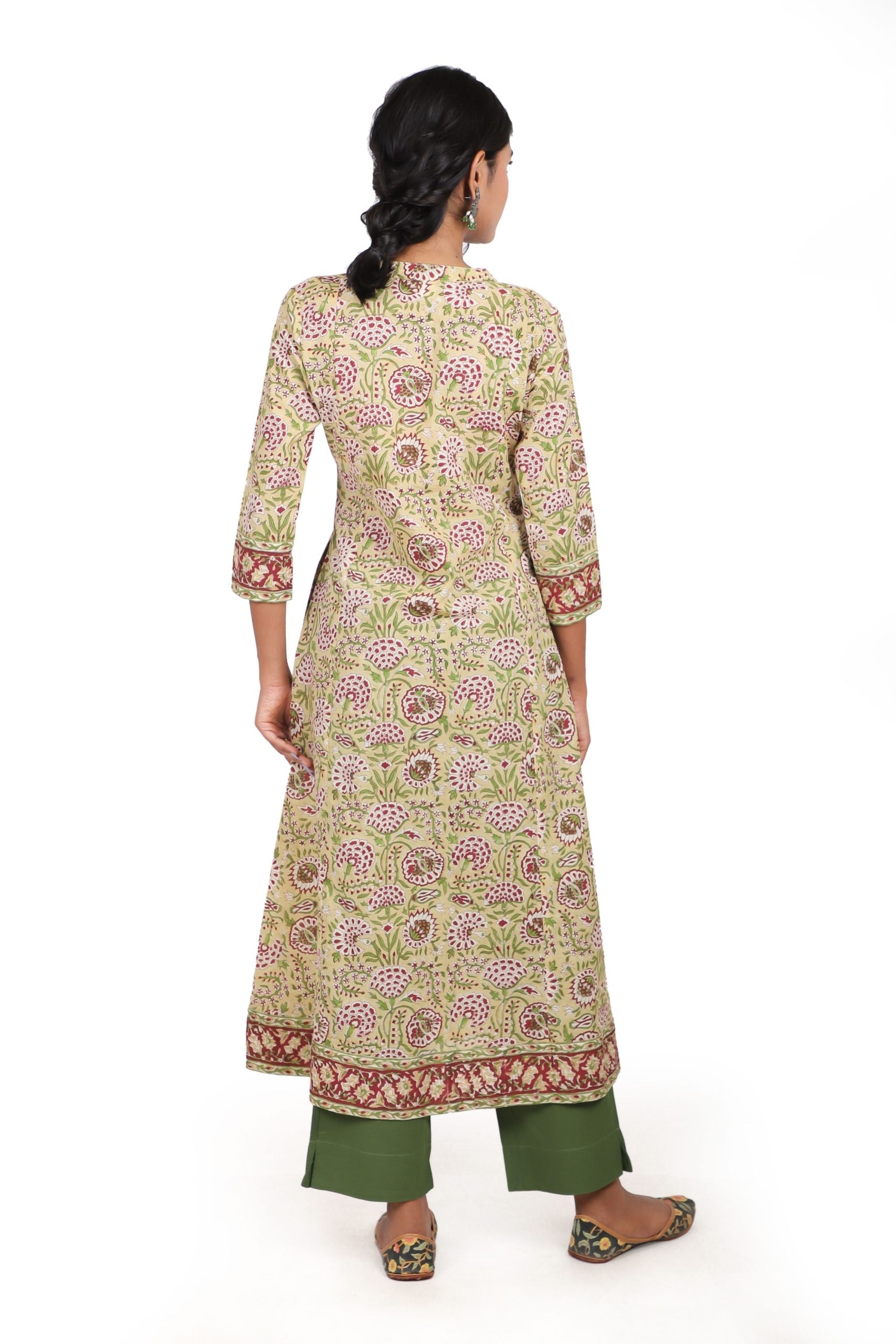 Parmisan beige with a combination of garnet red handblock printed a line kurta