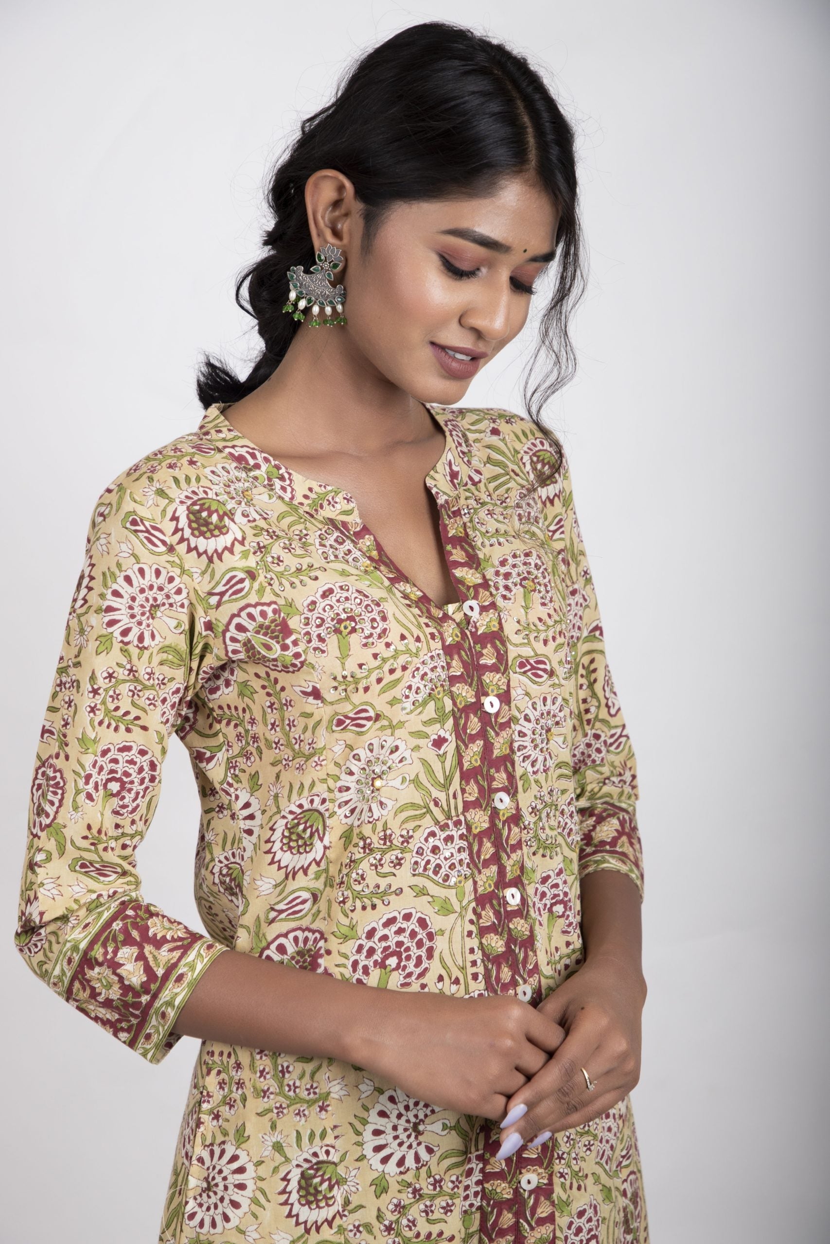 Parmisan beige with a combination of garnet red handblock printed a line kurta