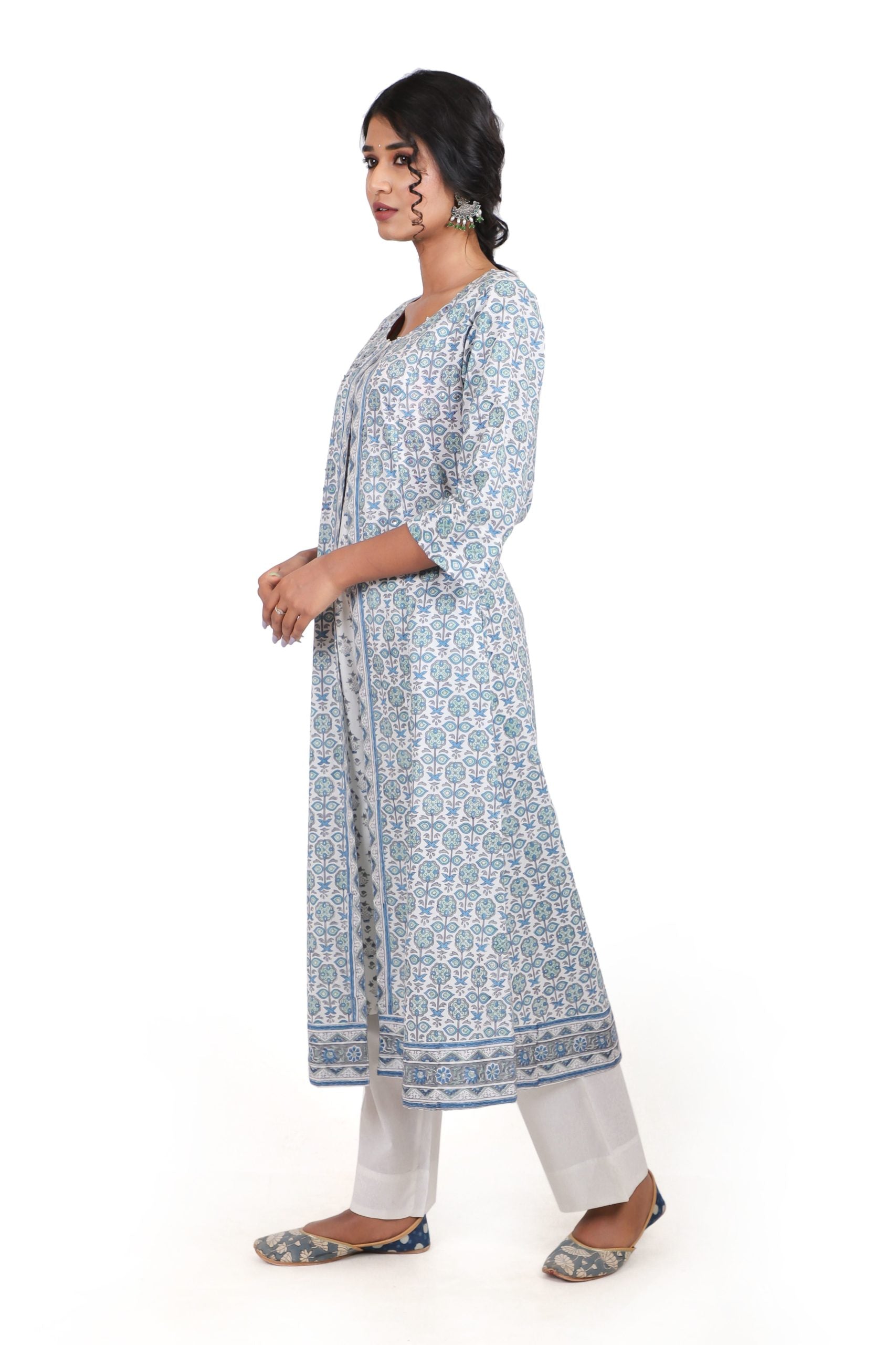 Sapphire Blue with a combination of Tiffany Blue handblock printed kurta