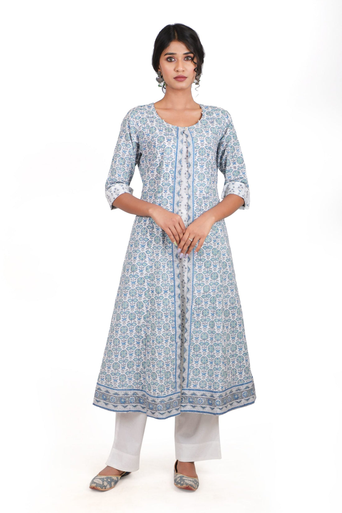 Sapphire Blue with a combination of Tiffany Blue handblock printed kurta