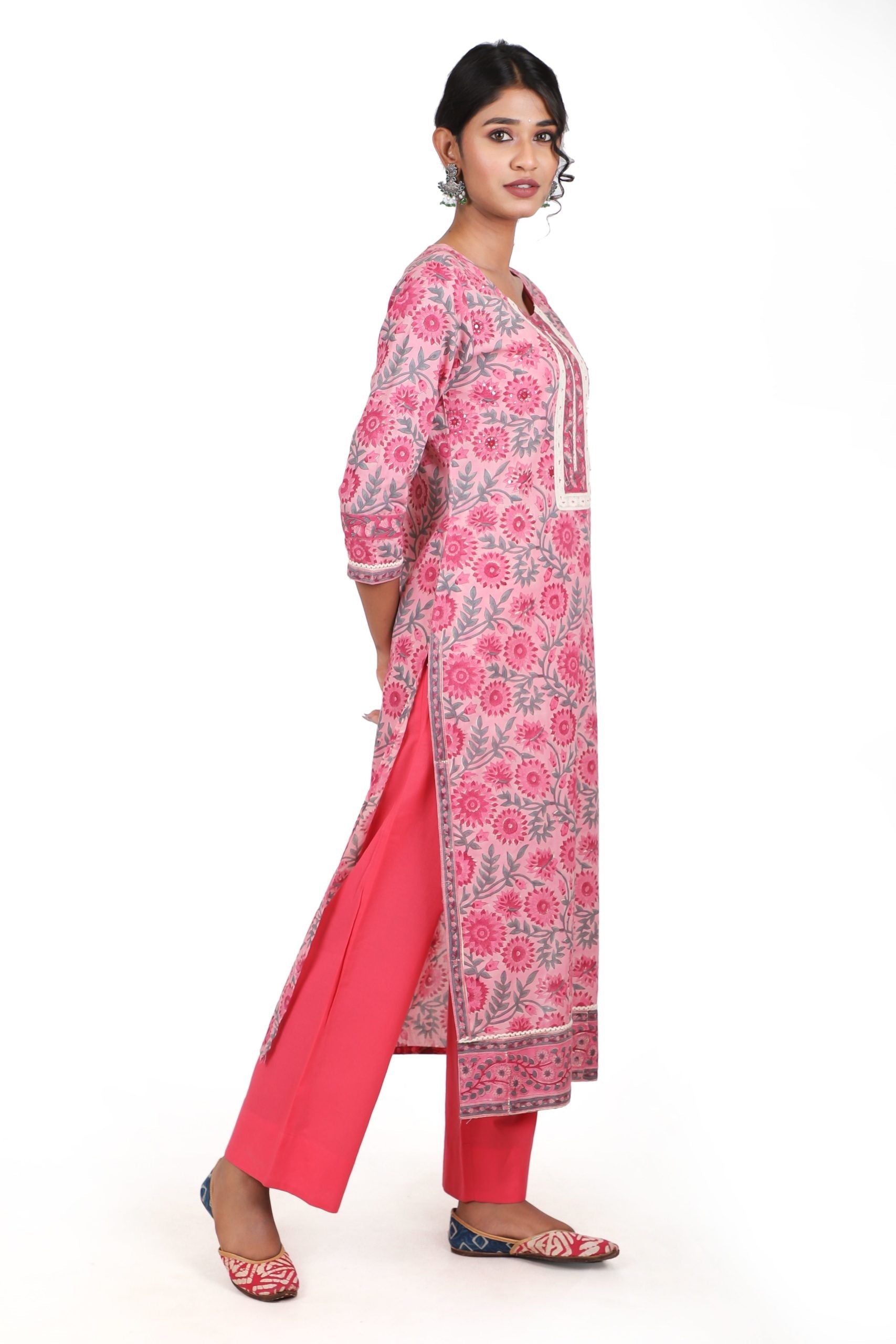 Flamingo pink with a conbination of rouge pink handblock printed kurta