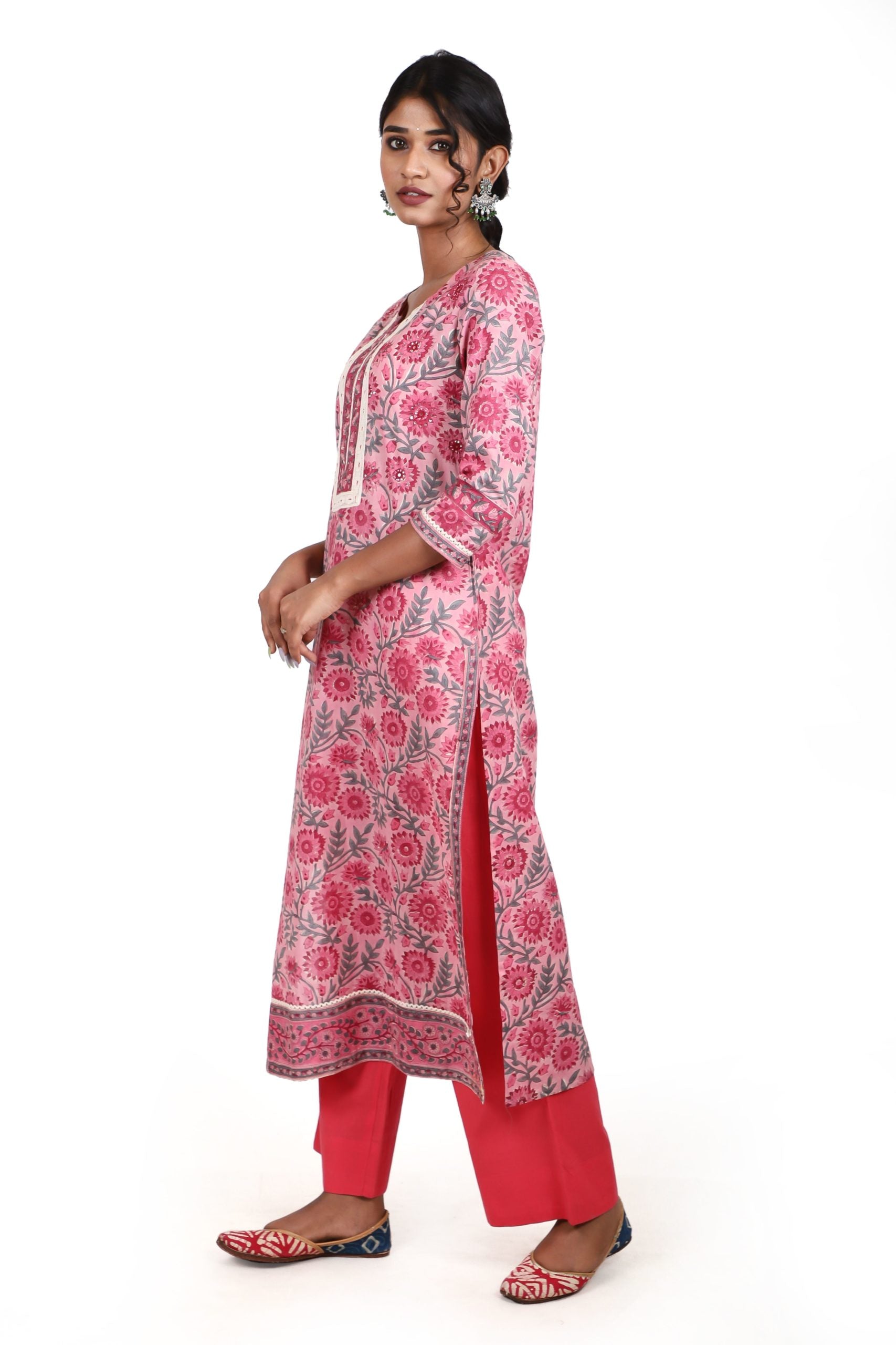 Flamingo pink with a conbination of rouge pink handblock printed kurta