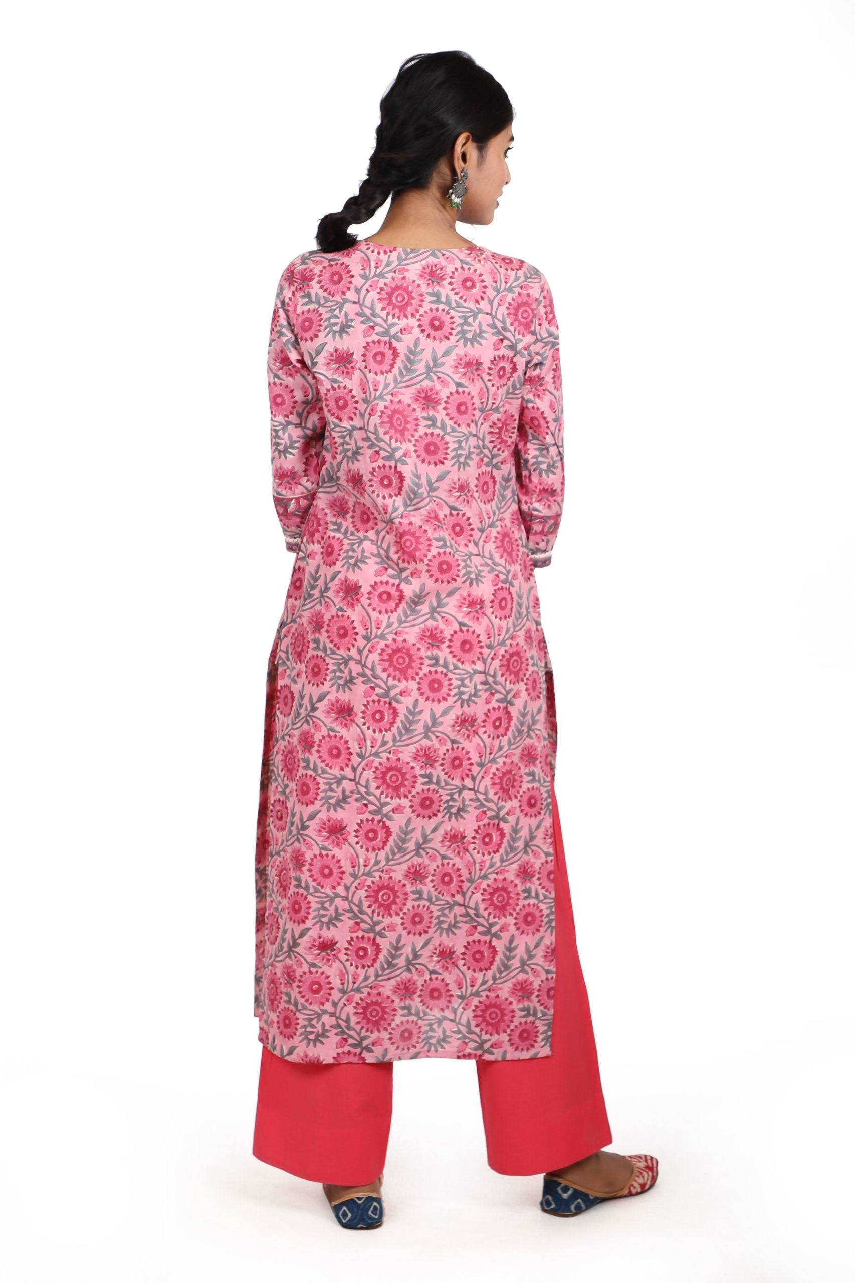 Flamingo pink with a conbination of rouge pink handblock printed kurta
