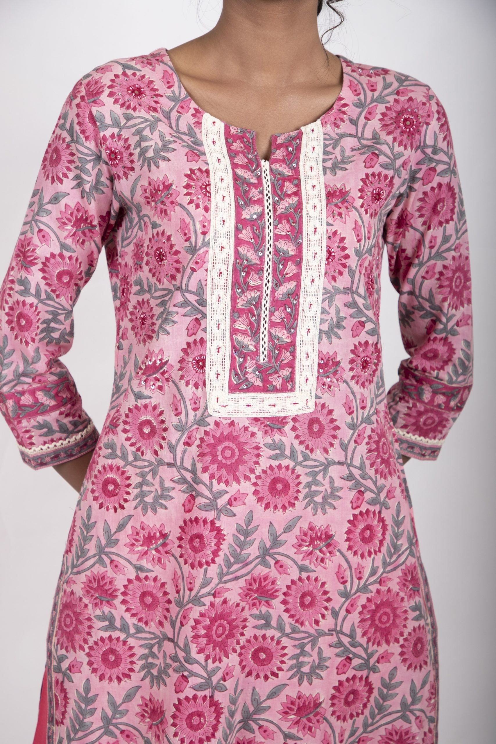 Flamingo pink with a conbination of rouge pink handblock printed kurta
