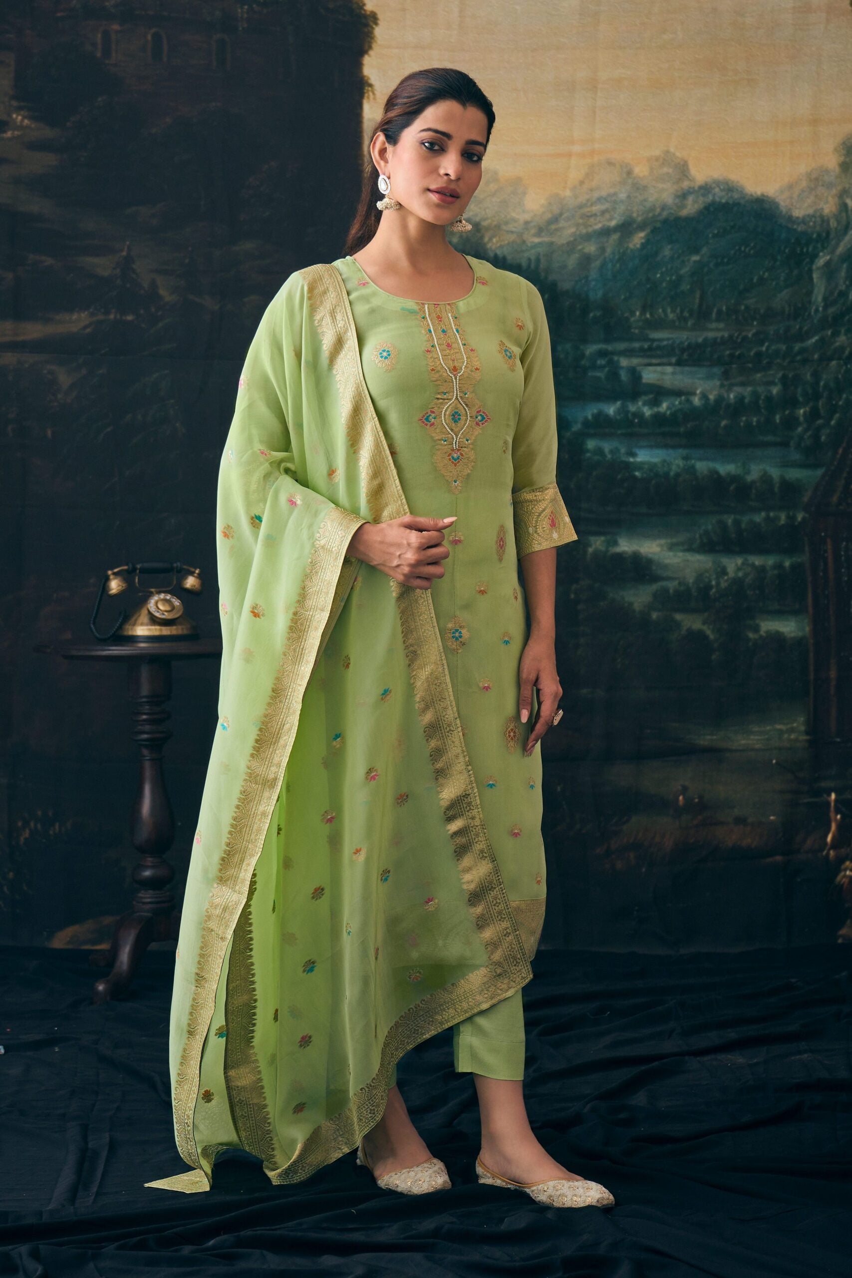 Label khoj Women pure jacquard kurta, trouser and dupptta set