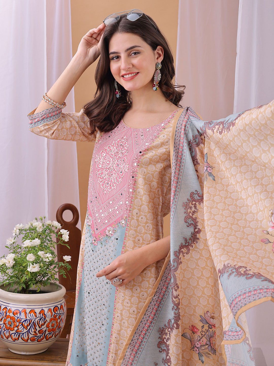 Label Khoj Women's Peach Silk Blend Handwork Kurta with Pant and Peach Dupatta