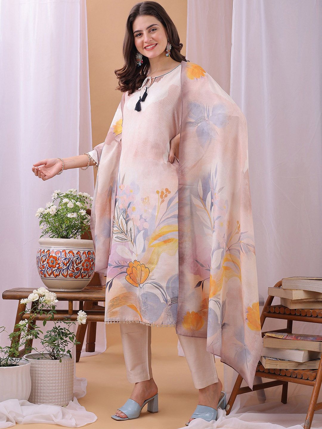 Label Khoj Women's Peach Linen Digital Printed With Applique Work Kurta with Pant and Peach Dupatta