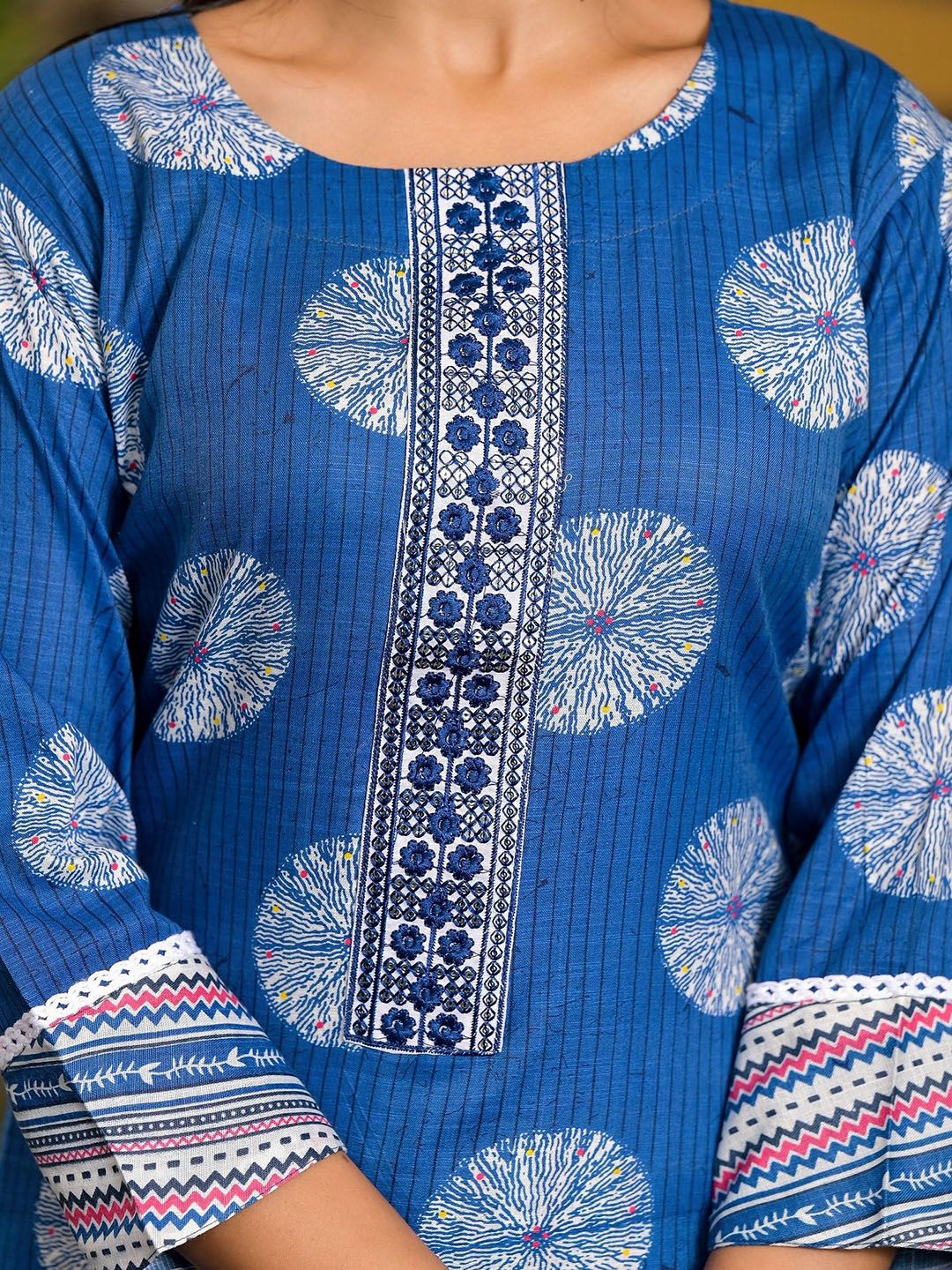 Label Khoj Women Cotton Printed Kurta And Trouser With Dupptta Set Cotton Blue Color