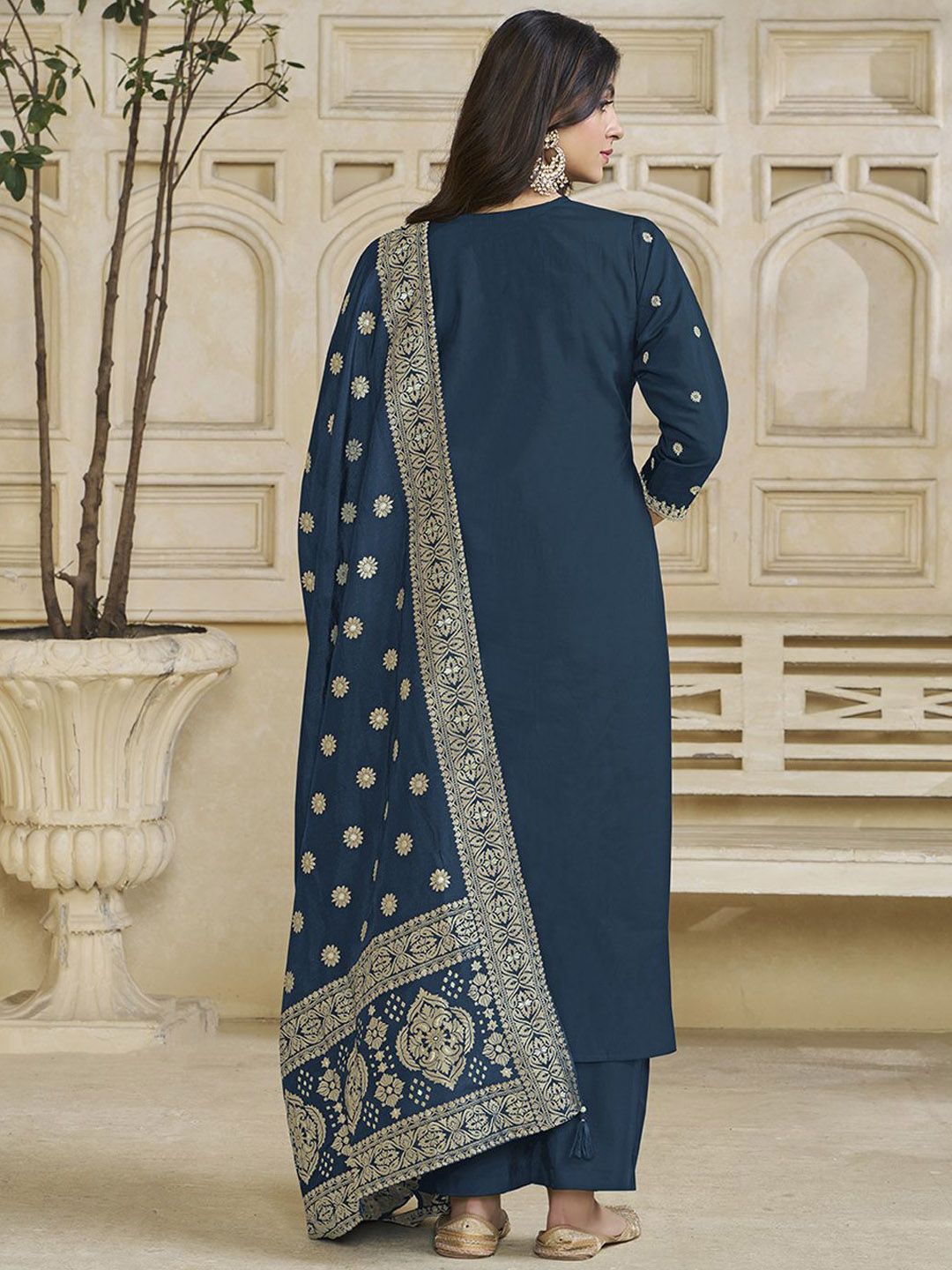 Label Khoj Women Roman Silk Embroidery  Work Blue Color Kurta & Bottom With Dupatta  Set