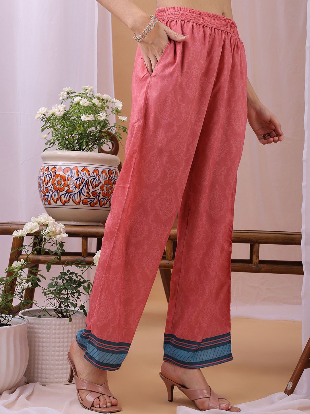 Label Khoj Women's Gajari Silk Blend Handwork Kurta with Pant and Gajari Dupatta