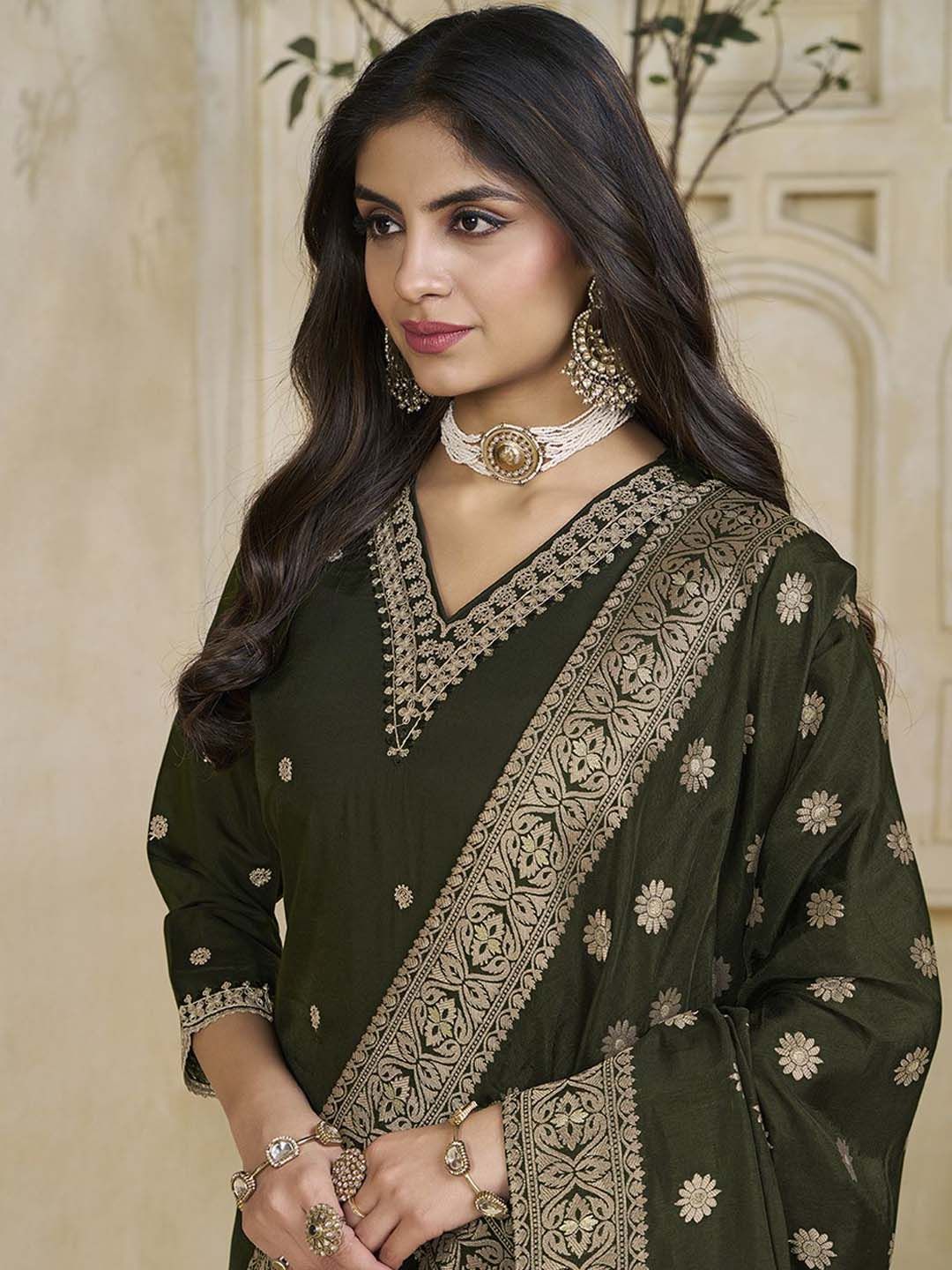 Label Khoj Women Roman Silk Embroidery  Work Mehndi Color Kurta & Bottom With Dupatta  Set