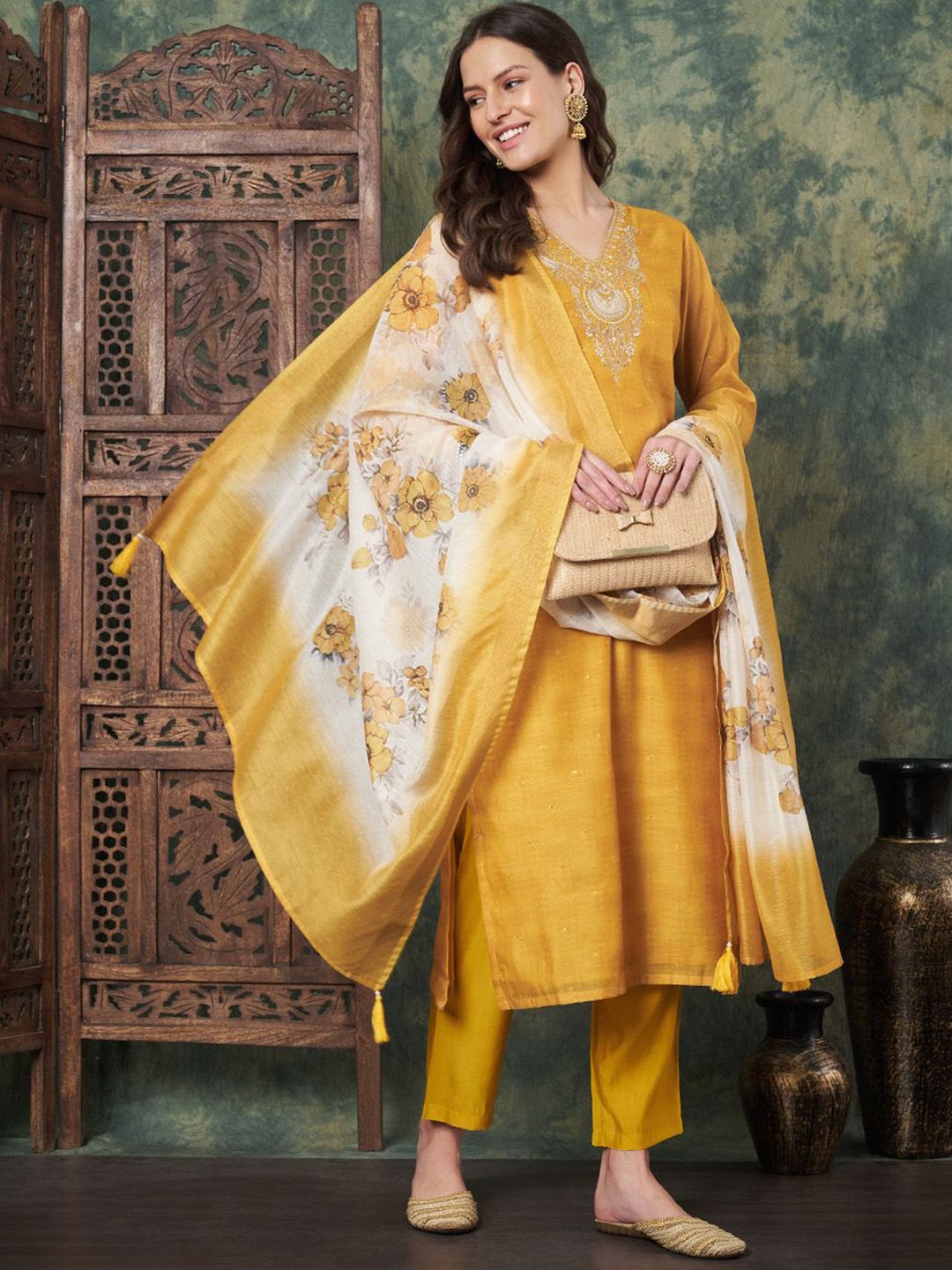 Label Khoj Women's Mustard Chanderi Embroidered Kurta with Pant and Mustard Dupatta