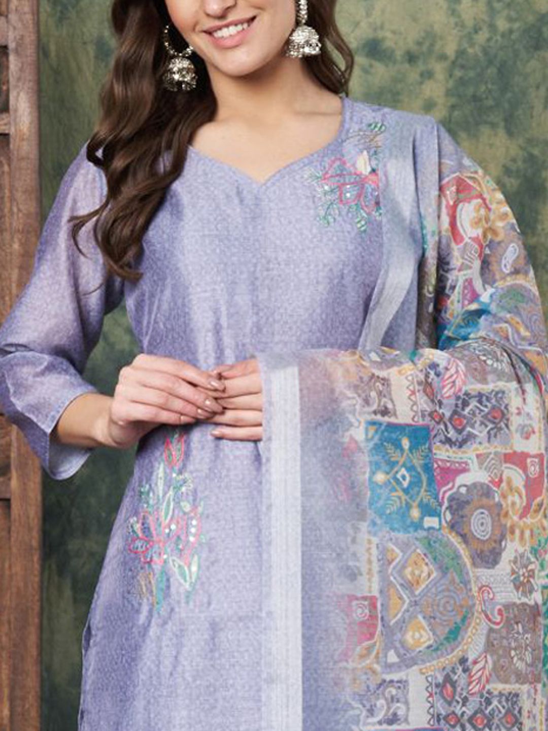 Label Khoj Women's Grey Chanderi Embroidered Kurta with Pant and Grey Dupatta