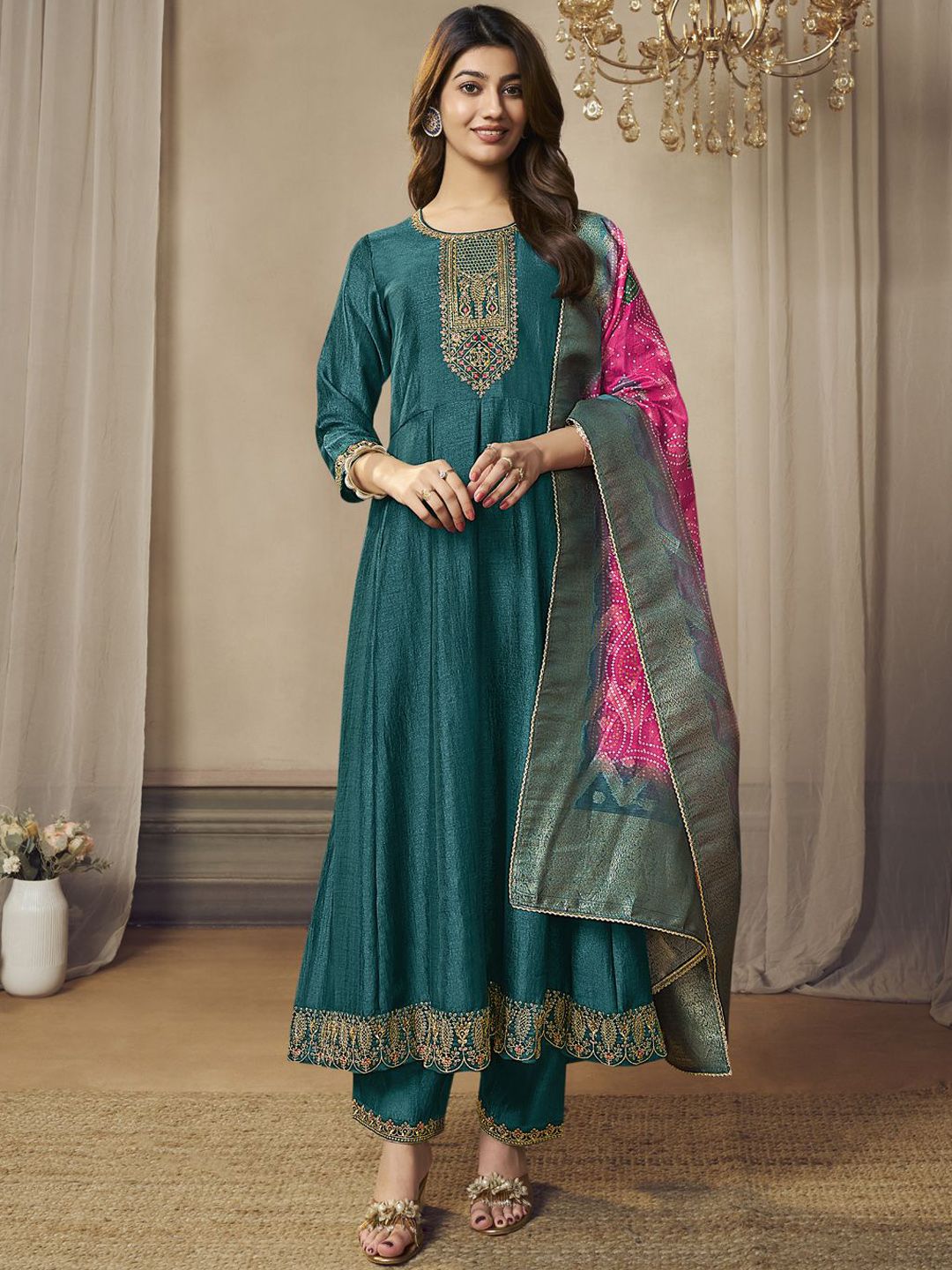 Label khoj Beautiful Anarkali kurta With Pant and Dupatta Set rama Color