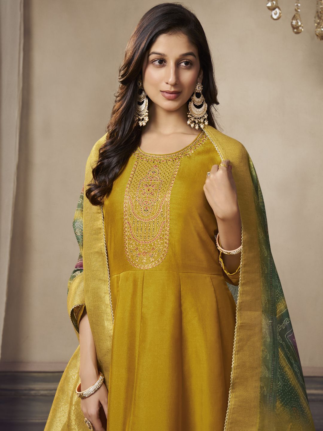 Label khoj Beautiful Anarkali kurta With Pant and Dupatta Set mustard  Color
