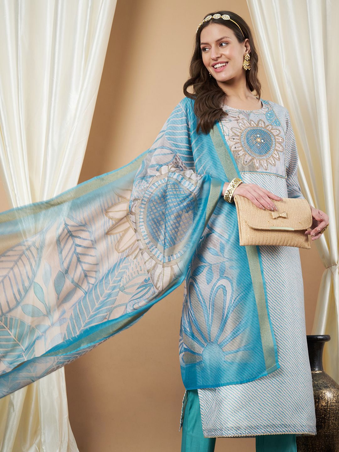 Label Khoj Women's Firoji Chanderi Embroidered Kurta with Pant and Firoji Dupatta