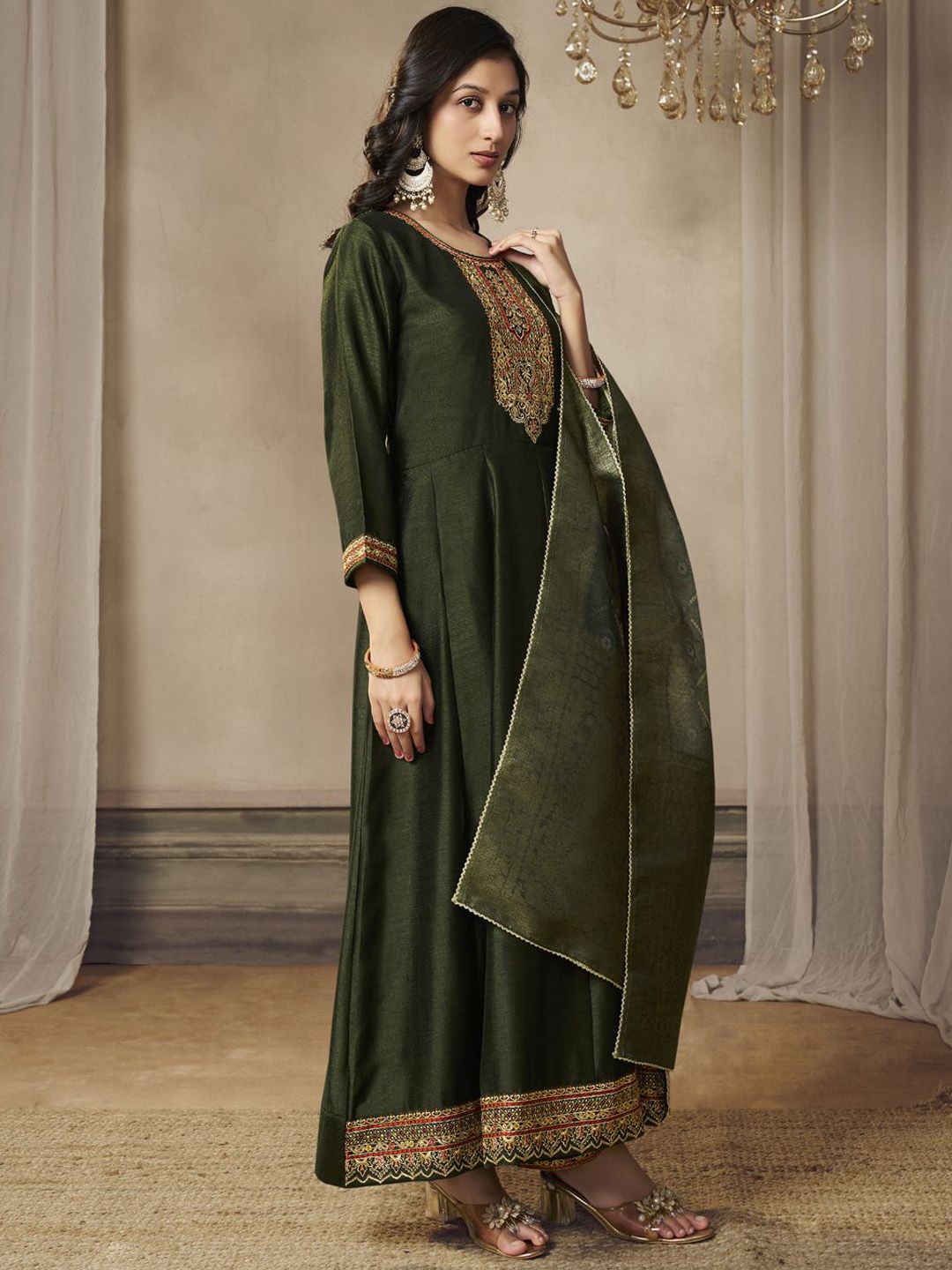 Label khoj Beautiful Anarkali kurta With Pant and Dupatta Set mahndi Color
