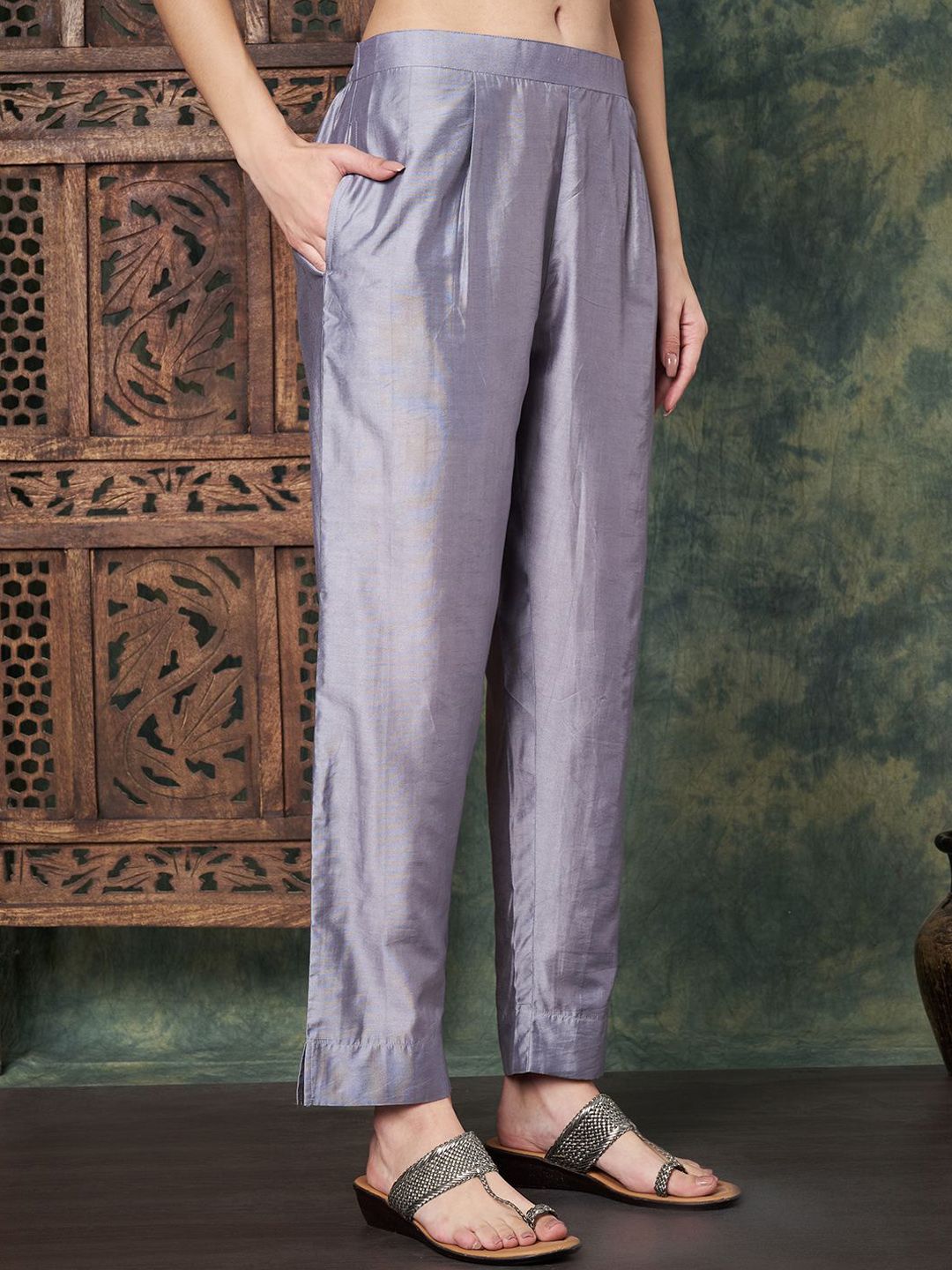 Label Khoj Women's Grey Chanderi Embroidered Kurta with Pant and Grey Dupatta
