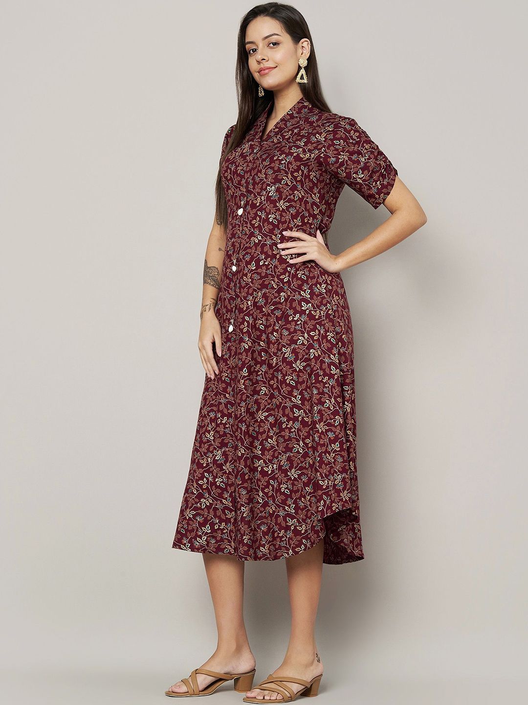 Label Khoj Women's Maroon Rayon Printed Midi Dress