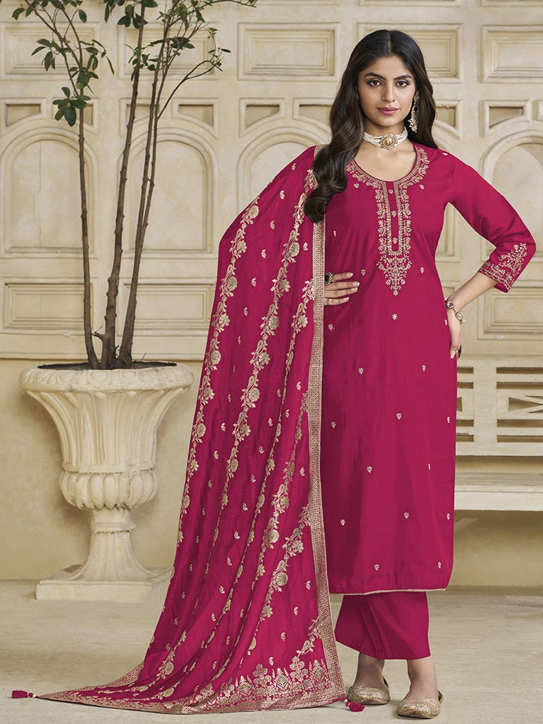 Label Khoj Women Roman Silk Embroidery  Work Rani Color Kurta & Bottom With Dupatta  Set