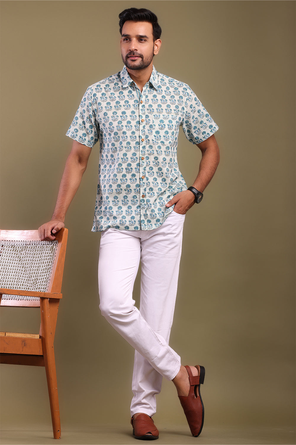 Blue & Gray Floral Printed Men's Shirt