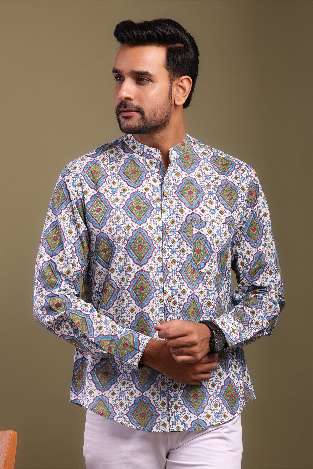Blue & Green Printed Men's Shirt