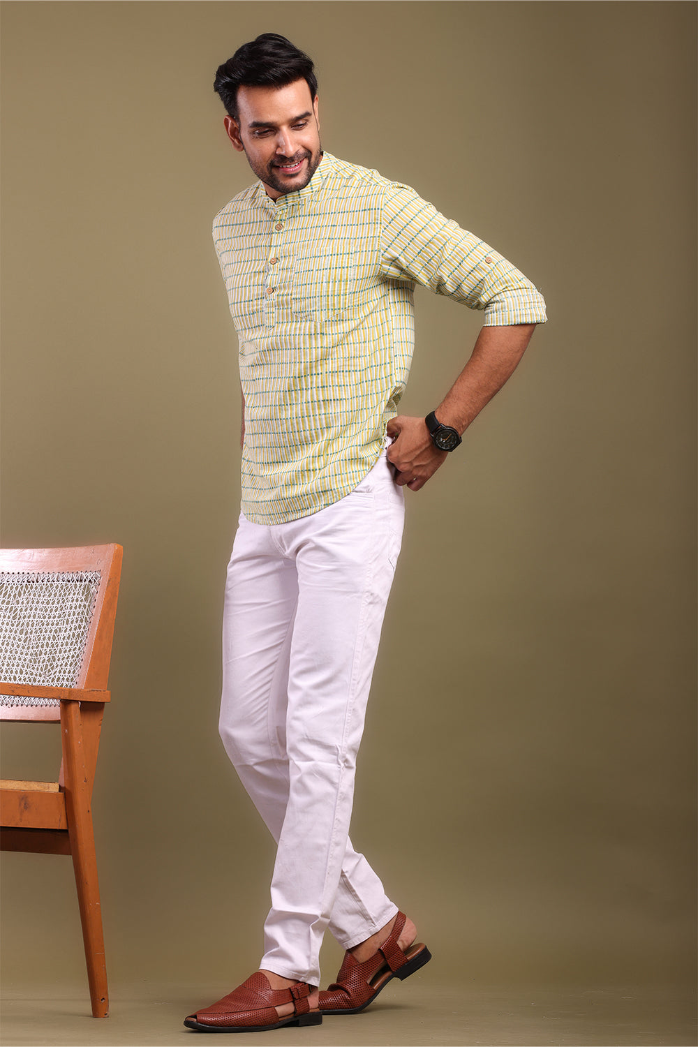 Yellow & Green Striped Men's Shirt