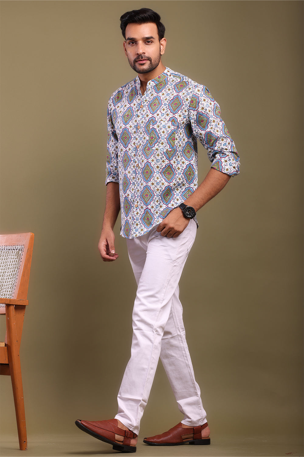 Blue & Green Printed Men's Shirt
