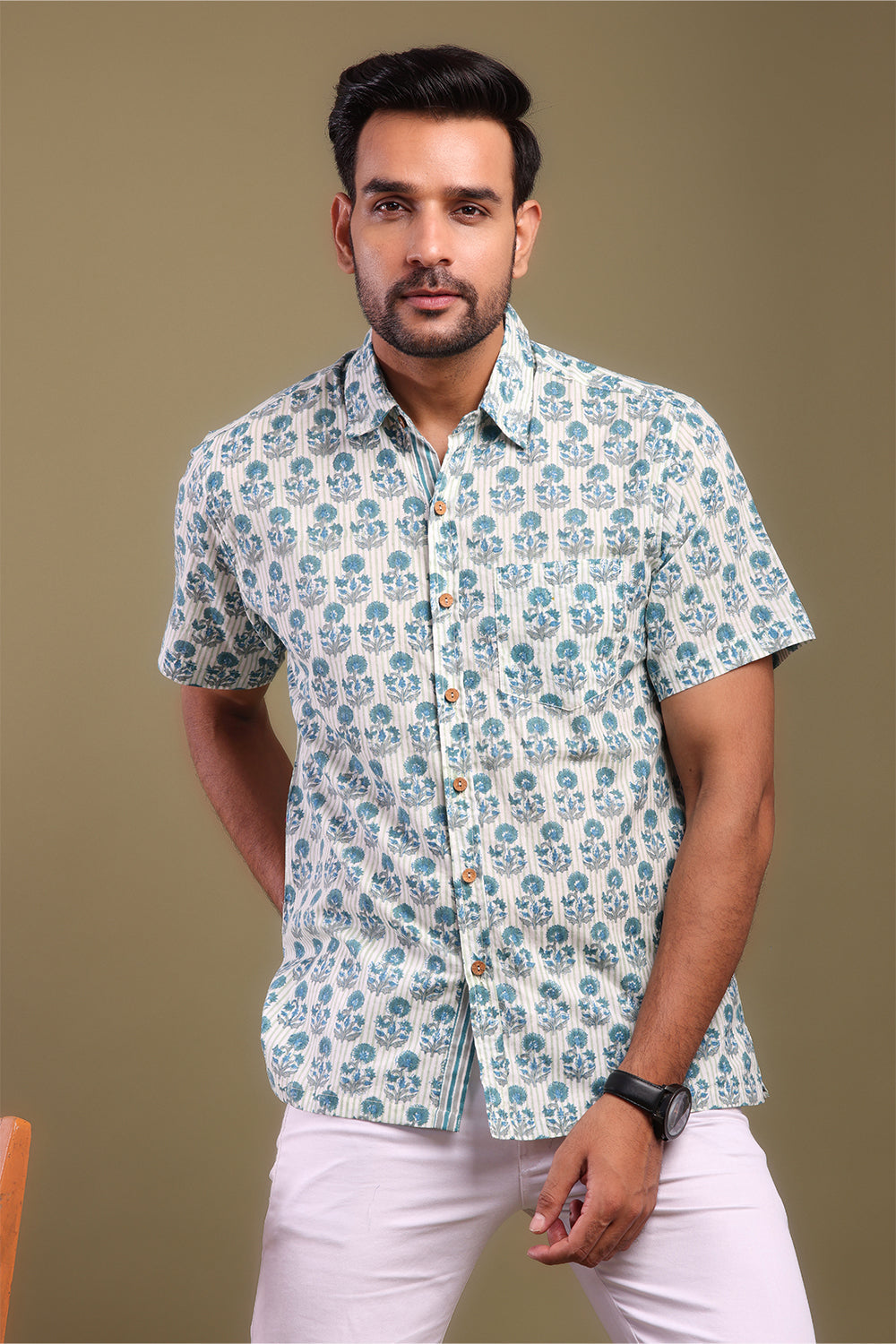 Blue & Gray Floral Printed Men's Shirt