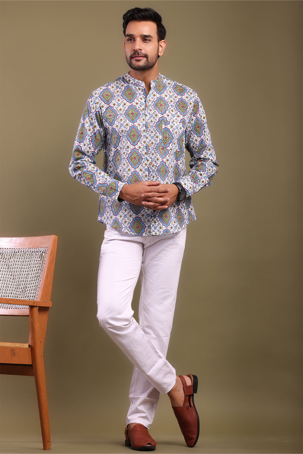 Blue & Green Printed Men's Shirt
