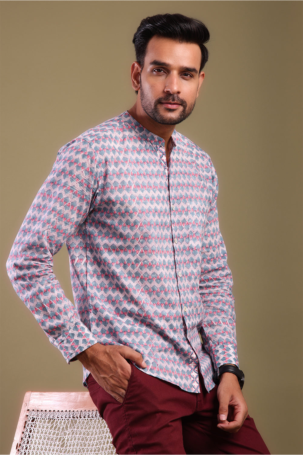 Chevron Printed Pink & Gray Men's Shirt