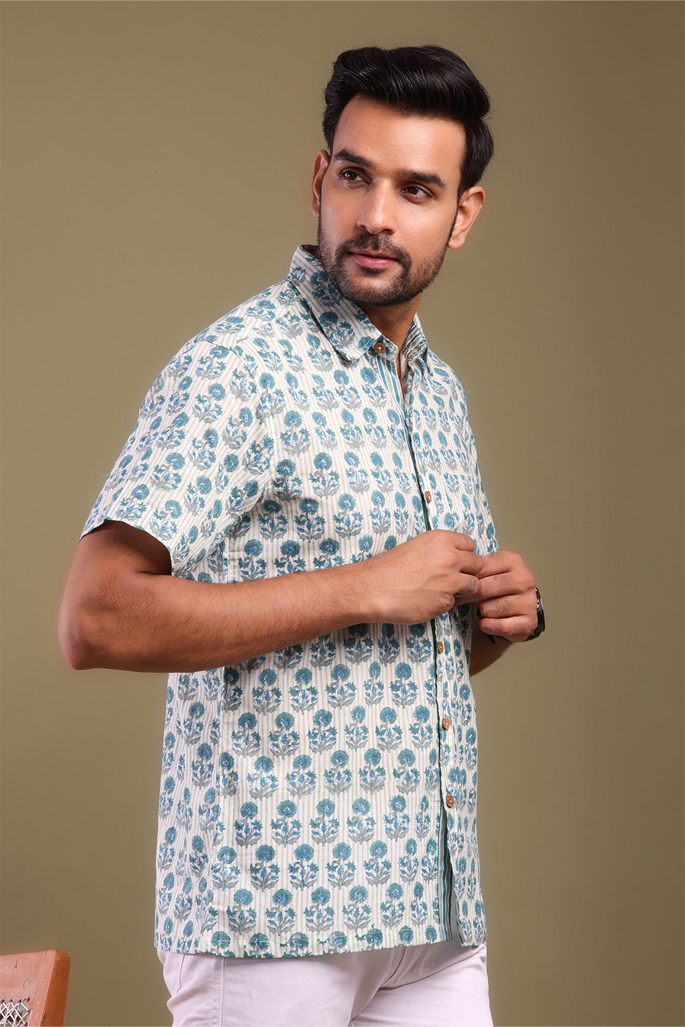 Blue & Gray Floral Printed Men's Shirt