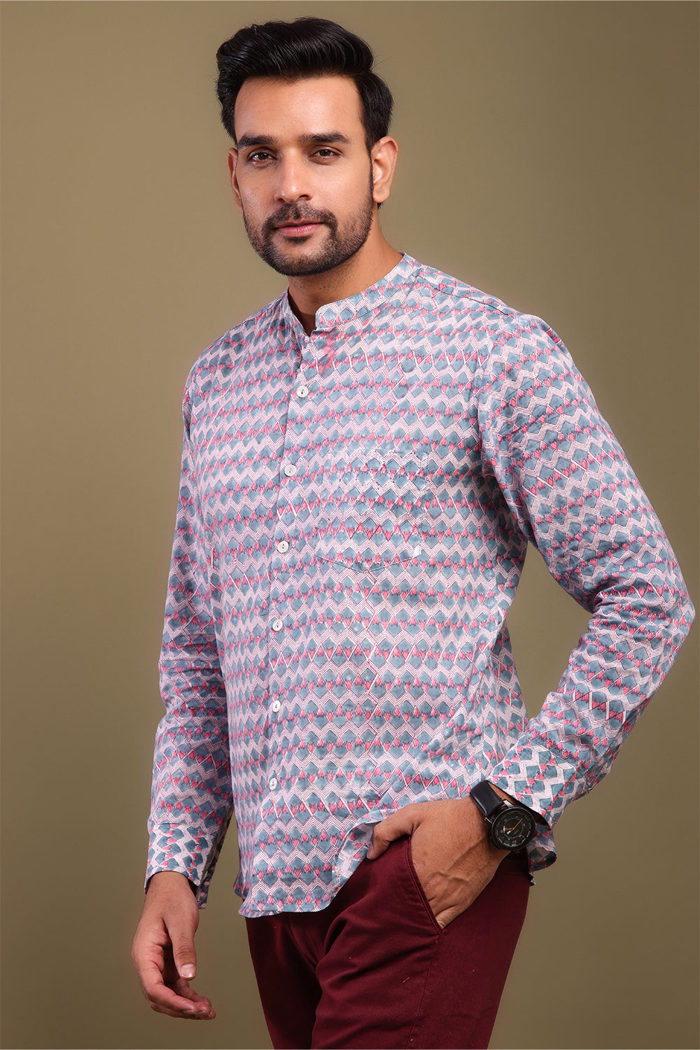 Chevron Printed Pink & Gray Men's Shirt