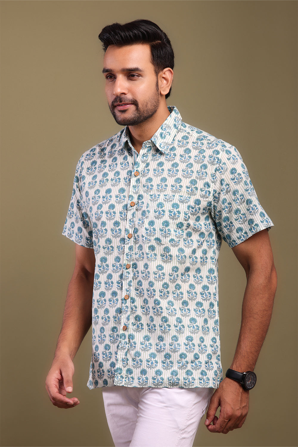 Blue & Gray Floral Printed Men's Shirt