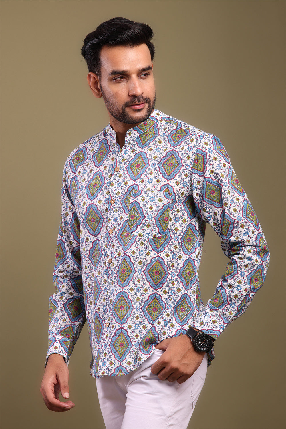 Blue & Green Printed Men's Shirt