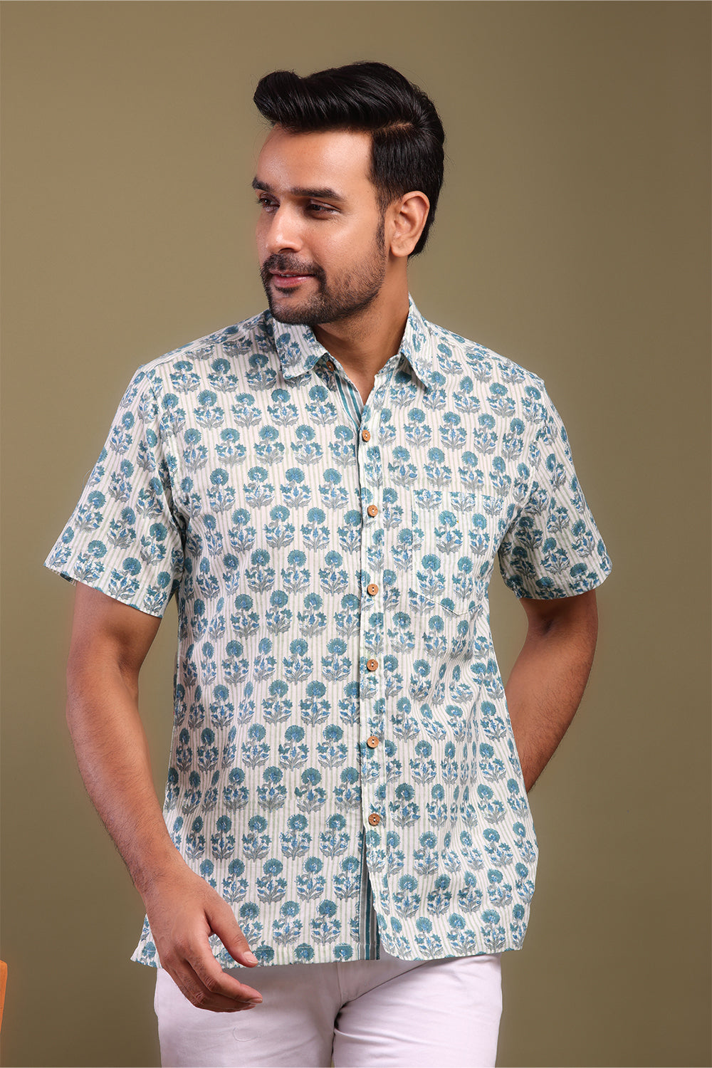 Blue & Gray Floral Printed Men's Shirt