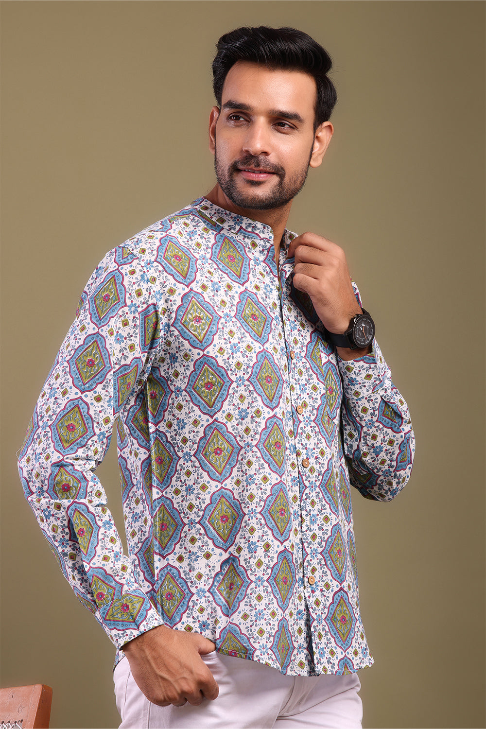 Blue & Green Printed Men's Shirt