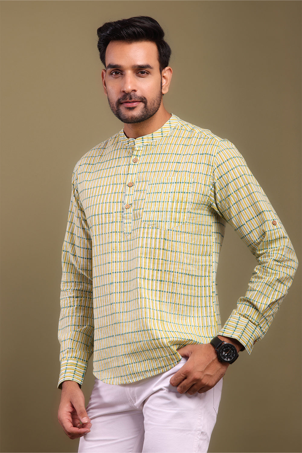 Yellow & Green Striped Men's Shirt