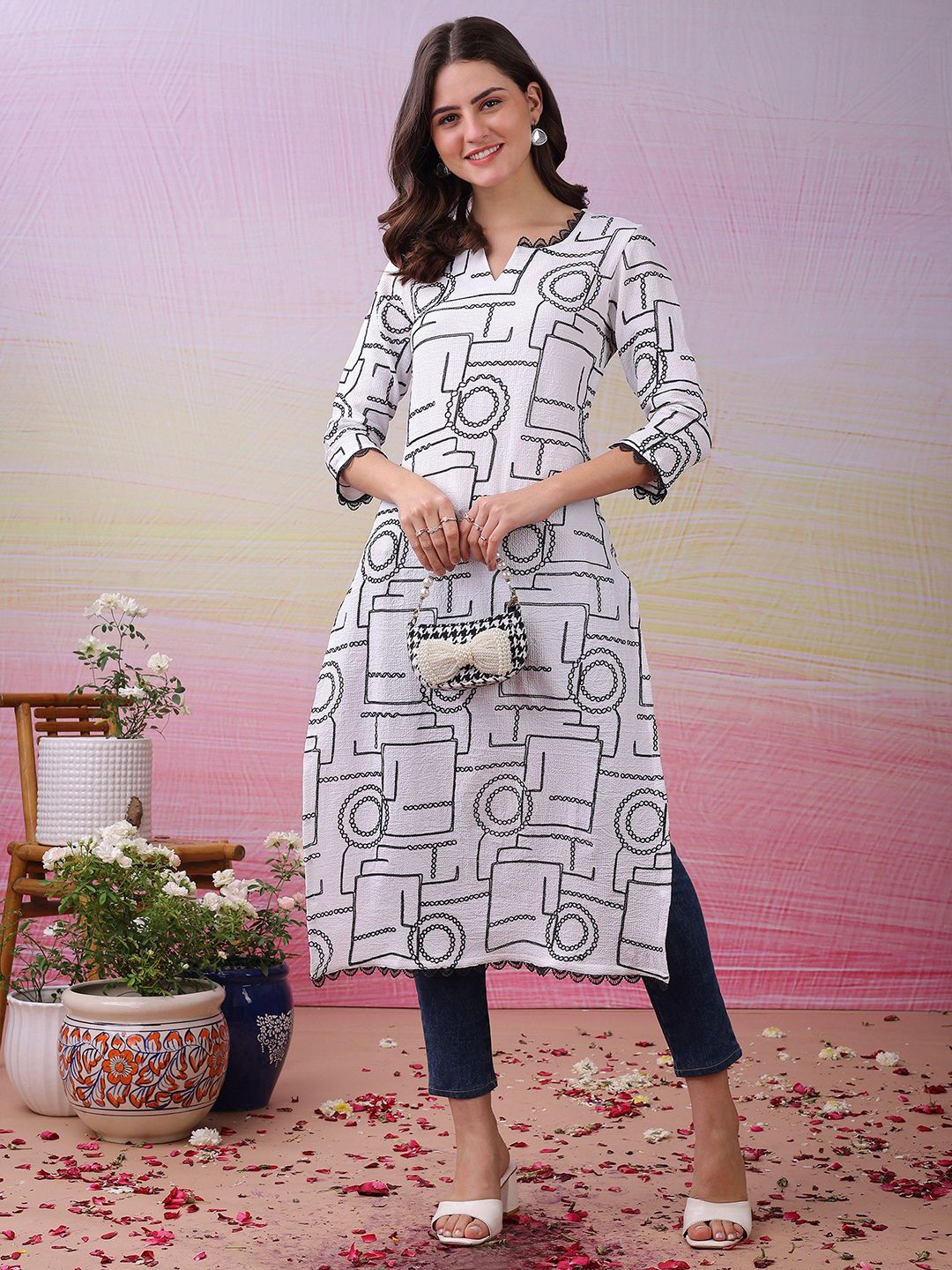 Label Khoj Women's White Polyester Embroidered Kurta