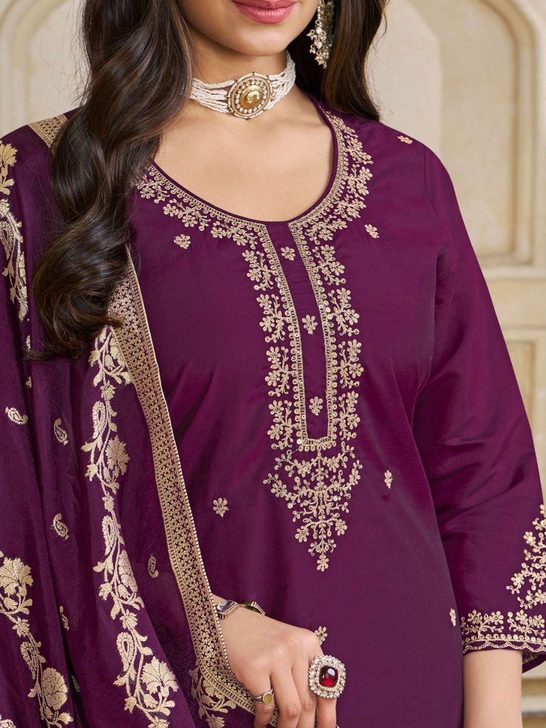 Label Khoj Women Roman Silk Embroidery  Work Voilet Color Kurta & Bottom With Dupatta  Set
