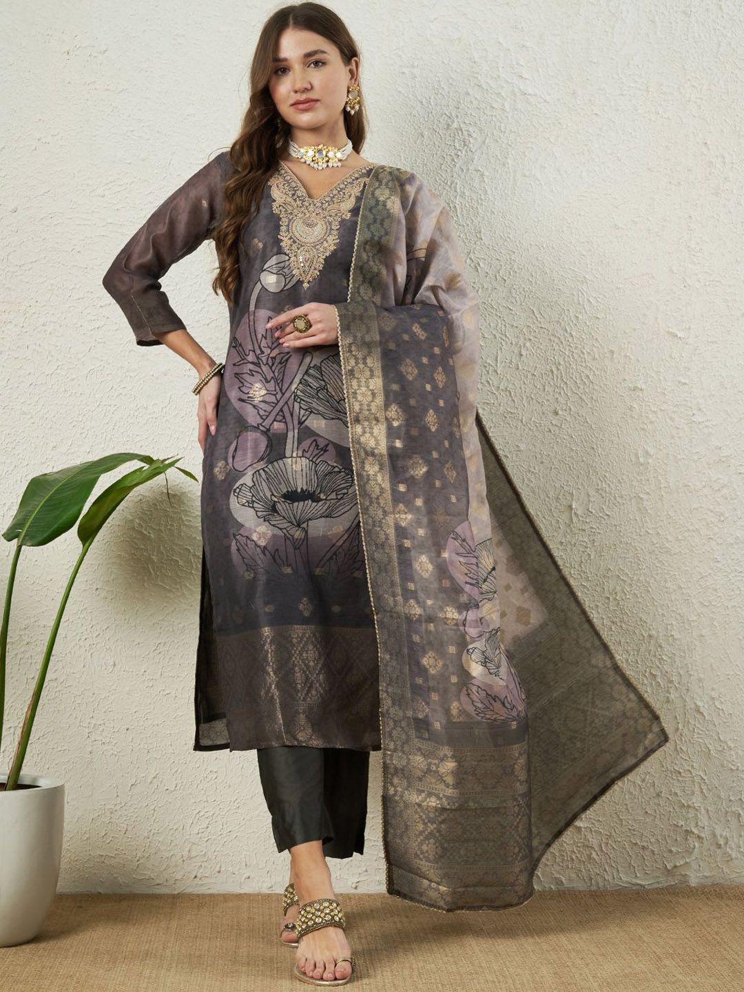 Label Khoj Women Silk Jacqured  Embroidery  Work Grey Color Kurta & Bottom With Dupatta  Set