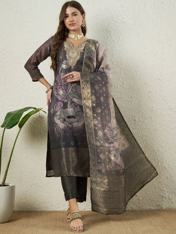Label Khoj Women Silk Jacqured  Embroidery  Work Grey Color Kurta & Bottom With Dupatta  Set
